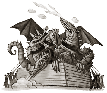 Dessin de trois dragons maintenus par des sorciers.