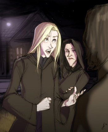 Dessin de Narcissa et Bellatrix arrivant chez Rogue 