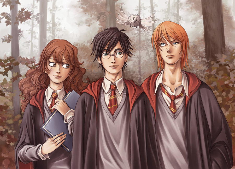 Harry, Ron, Hermione et Coq dans les bois de Poudlard