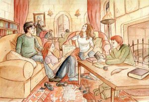 Harry, Ginny, Ron et Hermione dans la salle commune de Gryffondor