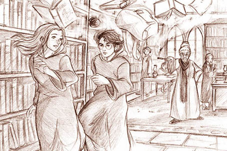 Dessin de Madame Pince jettant Harry et Ginny hors de la bibliothèque