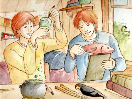 Les jumeaux Weasley mettant au point leurs farces et attrapes