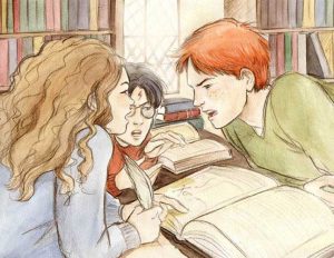 Ron et Hermione se disputant à la bibliothèque